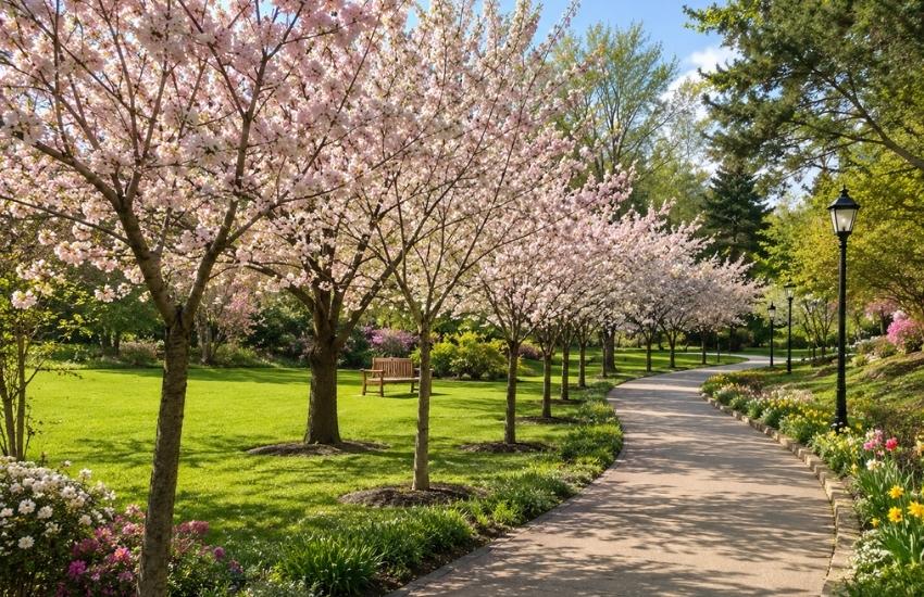 cherry tree walk lined with blossoms and vibrant spring gardens