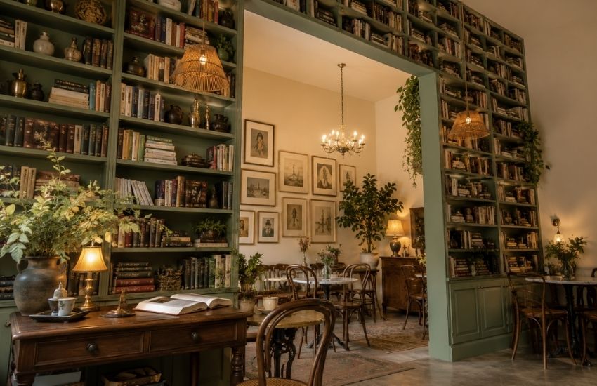 cozy harry's on green lane dining room with floor-to-ceiling bookshelves