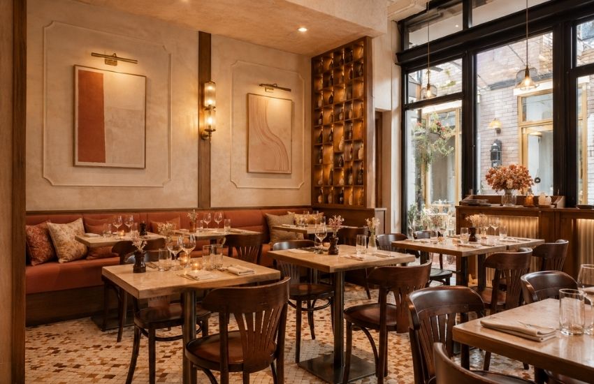 intimate dining room at Lucette with warm tones and mosaic tile floors