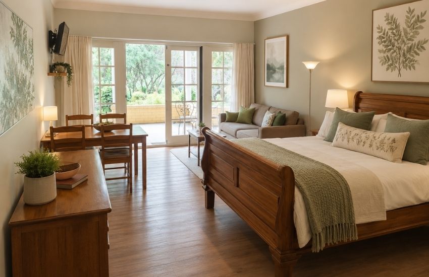 inviting bundanoon lodge accommodation with lounge area and patio doors