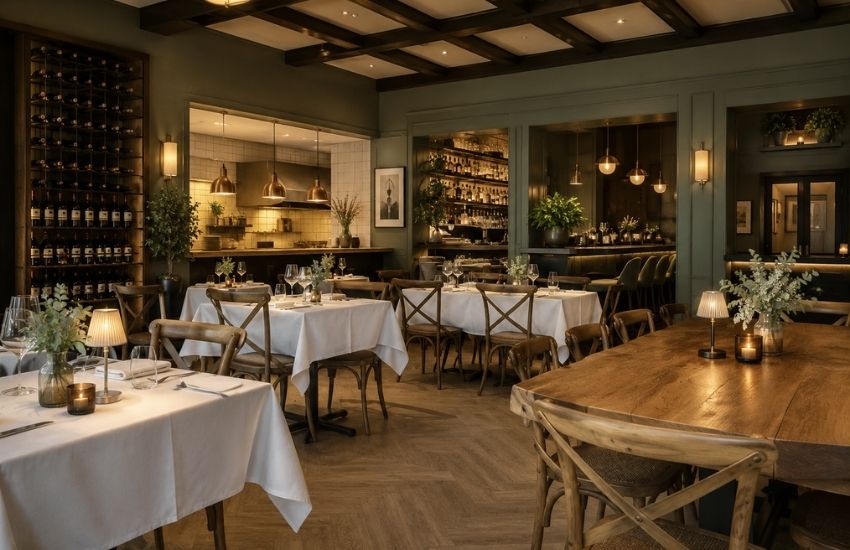 warm evening dining at Bistro Sociale with white linen and herringbone floors