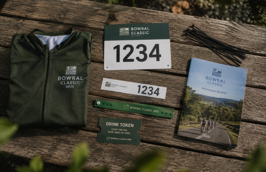 Bowral Classic rider kit with race plate, wristband, booklet, drink token and jersey
