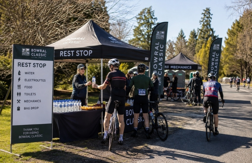 Cyclists stopping for water and mechanical support at a Bowral Classic rest stop